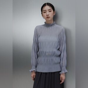 Pale Blue/Grey sheer long sleeve blouse with ruffle detail